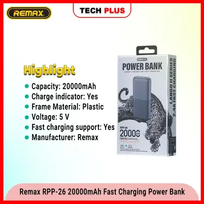 Remax RPP-26 20000mAh Powerbank 2 Inputs Type C Micro USB 2 Output USB Type C Fast Charging Power Bank for Smartphones
